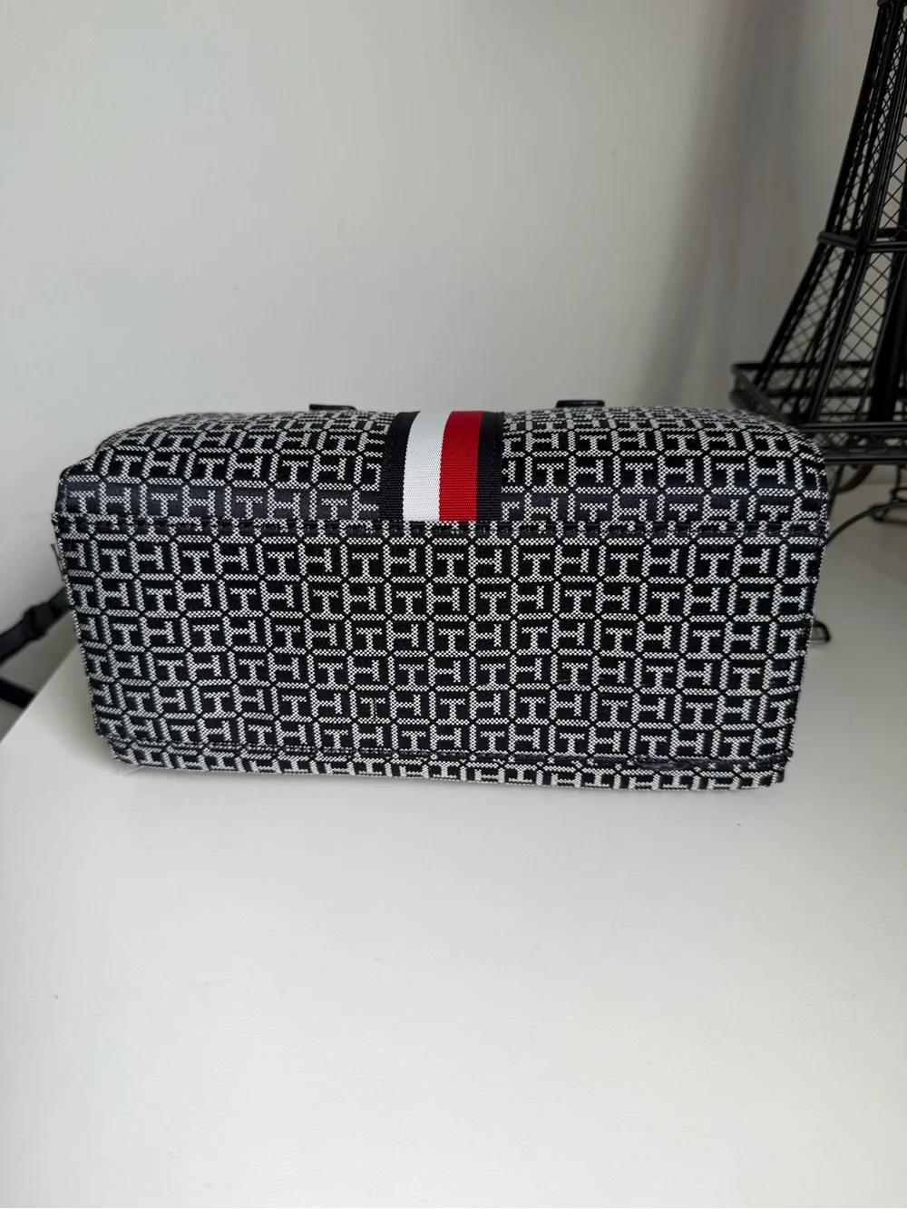 Tommy Hilfiger Dark Blue Patterned Satchel with Red and White Stripe